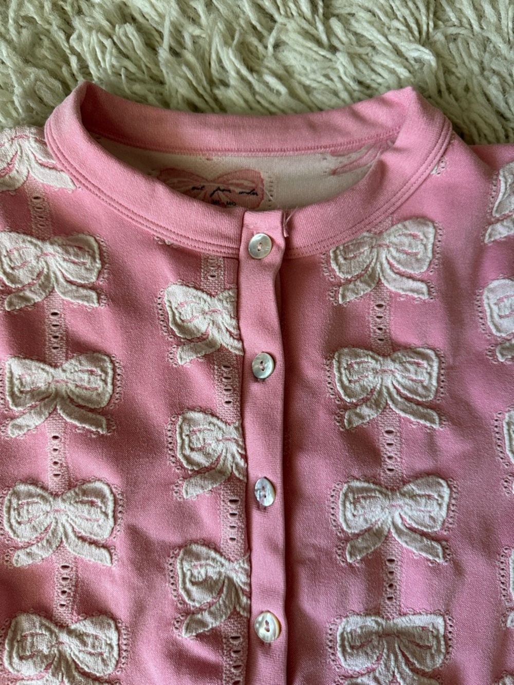 Urban Outfitters Out From Under Pink and White Bow Button Cardigan